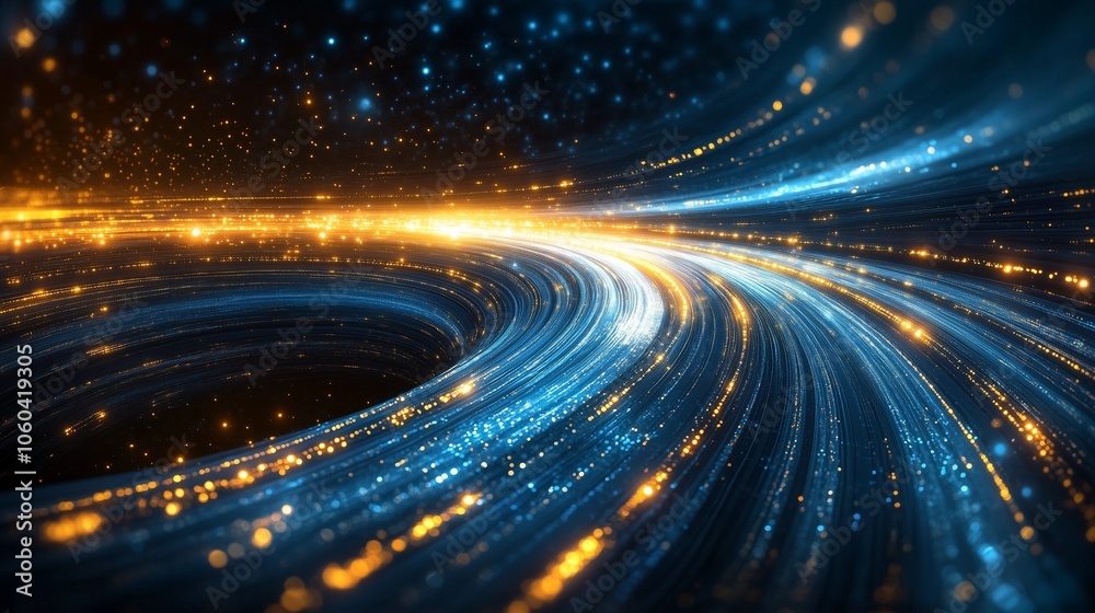 Futuristic Technology: Dynamic Flow of Dark Blue and Gold Lines Against a Blue Background Futuristic Technology: Dynamic Flow of Dark Blue and Gold Lines Against a Blue Background