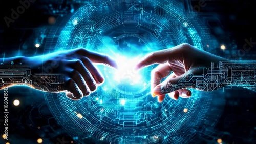 The human finger delicately touches the finger of a robot's metallic finger. Concept of harmonious coexistence of humans and AI technology