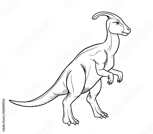 Vector line art illustration of dinosaur Parasaurolophus. Black and white outline.