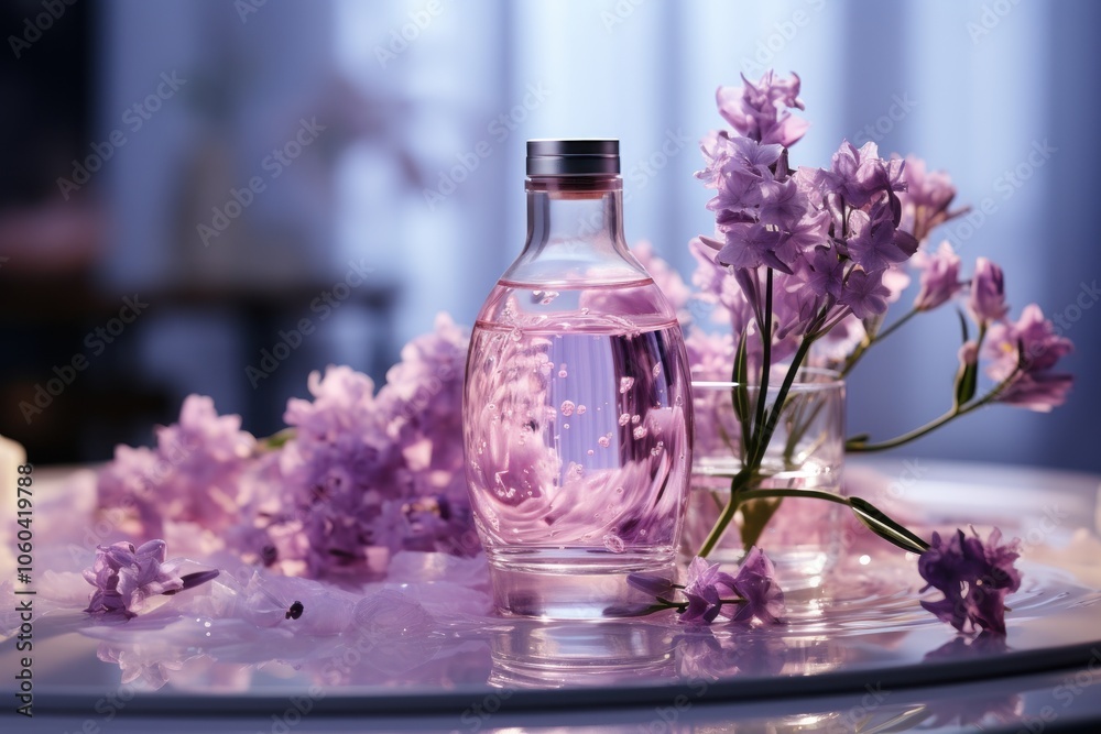 A serene arrangement of a glass bottle filled with liquid, surrounded by purple flowers. A serene arrangement of a glass bottle filled with liquid, surrounded by purple flowers.