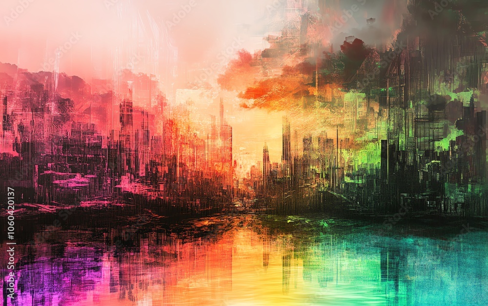 Abstract cityscape painting with vibrant colors reflecting in water.