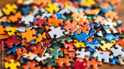 Colorful Puzzle Pieces Scattered on a Wooden Surface