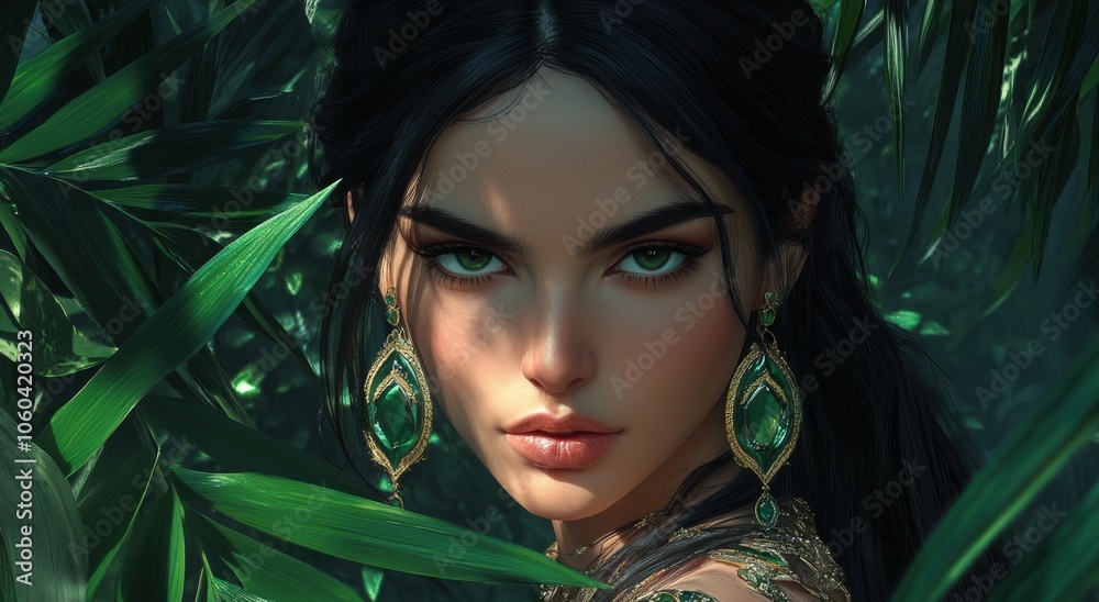 Enchanting woman with emerald earrings in a lush green forest Enchanting woman with emerald earrings in a lush green forest