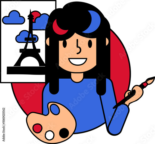 A woman with a brush and a palette has painted an image of a picturesque French landscape complete with the iconic Eiffel Tower vector cartoon illustration. Peacefulness and inspiration, the beauty of
