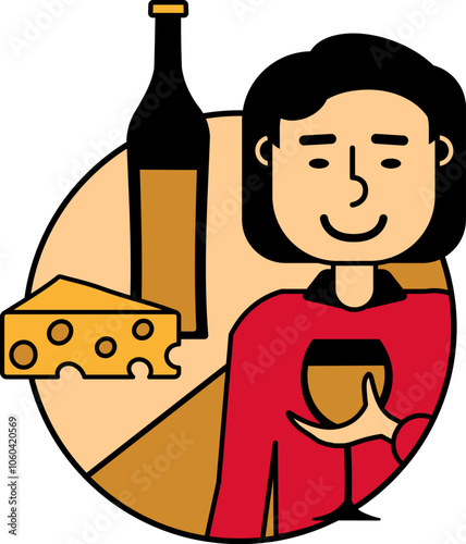 A contented man sits in a cozy restaurant, indulging in a glass of white wine and enjoying French cheese vector cartoon illustration. Relaxing afternoon in the charming cafe, simple pleasure of the mo