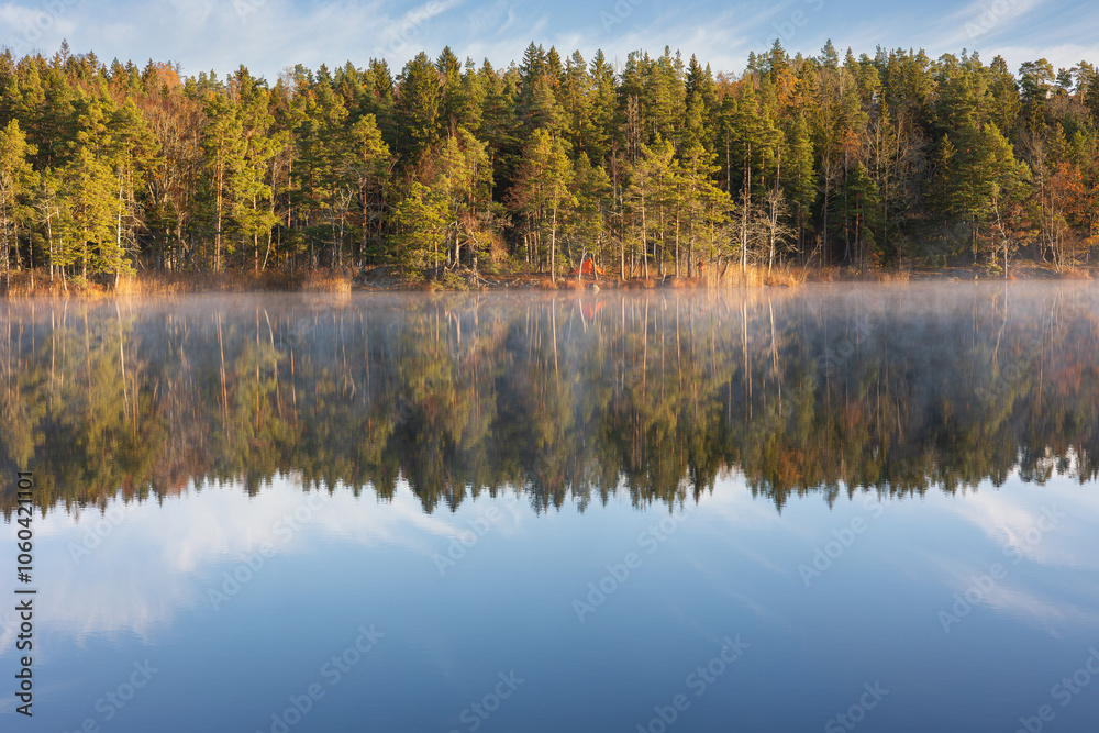 autumn trees reflected in lake autumn trees reflected in lake