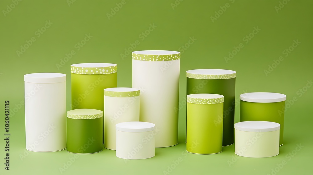 Green and White Cylindrical Containers on Green Background Abstract Gradient Background with Copy Space
