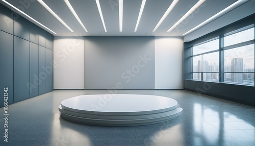 Empty podium on display in a clean exhibition room. 3D Rendering