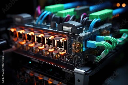 A close-up of a network switch with illuminated ports and colorful cables for data connectivity.