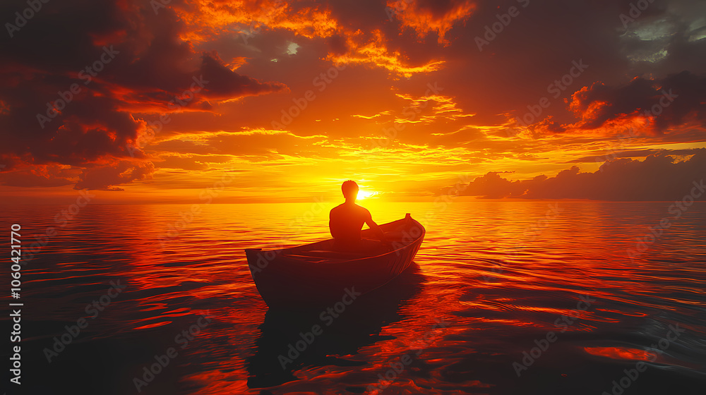 An unrecognizable silhouette of a man is seen standing on the edge of a boat in the sea, enjoying the sunset above ripples of water in Madagascar.