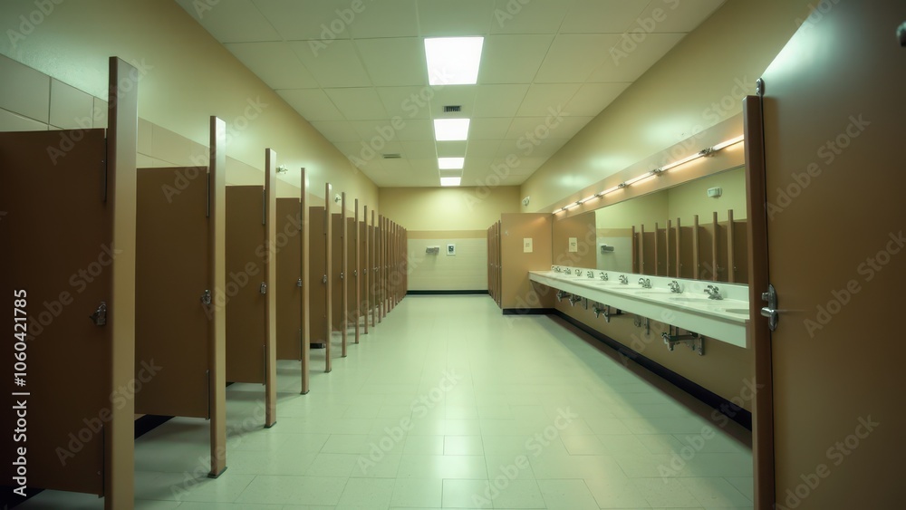 Spacious and organized school restroom setup. Spacious and organized school restroom setup.