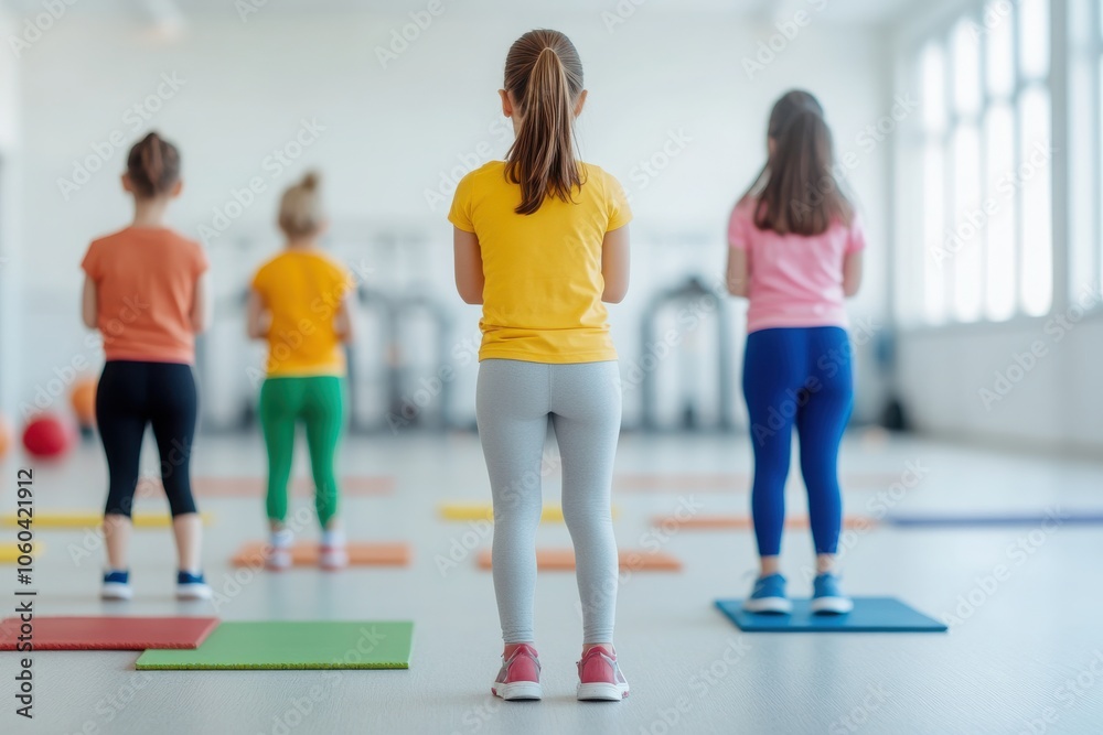 Fototapeta premium A group of children participating in a fitness class, focusing on wellness and physical activity in a bright studio environment.