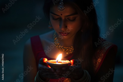 Oil Lamp. Woman in traditional outfit lighting oil lamp on the occasion of Diwali