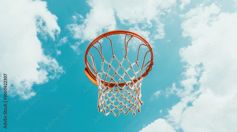 Basketball Hoop Against Blue Sky with White Clouds Basketball Hoop Against Blue Sky with White Clouds