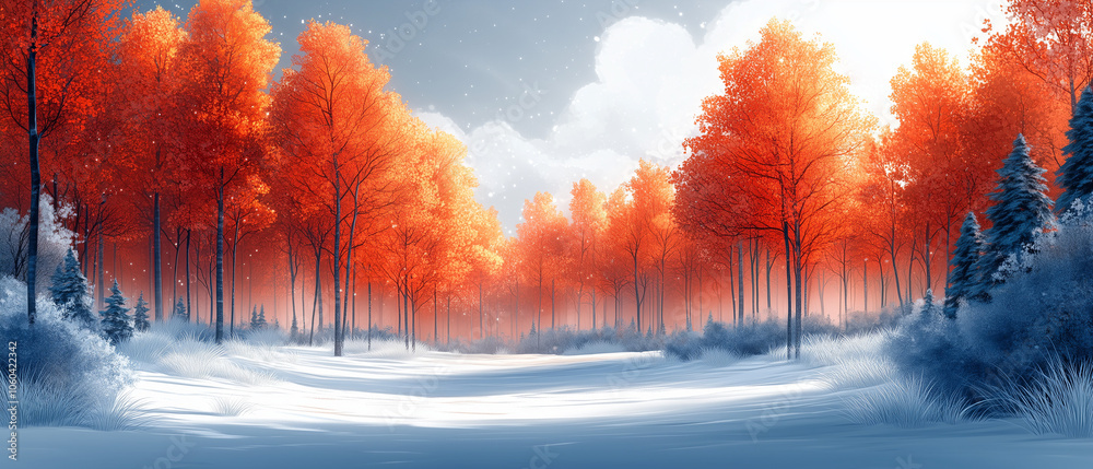 Naklejka premium Illustration vectorielle de forêt enneigée en digital art pour écran panoramique