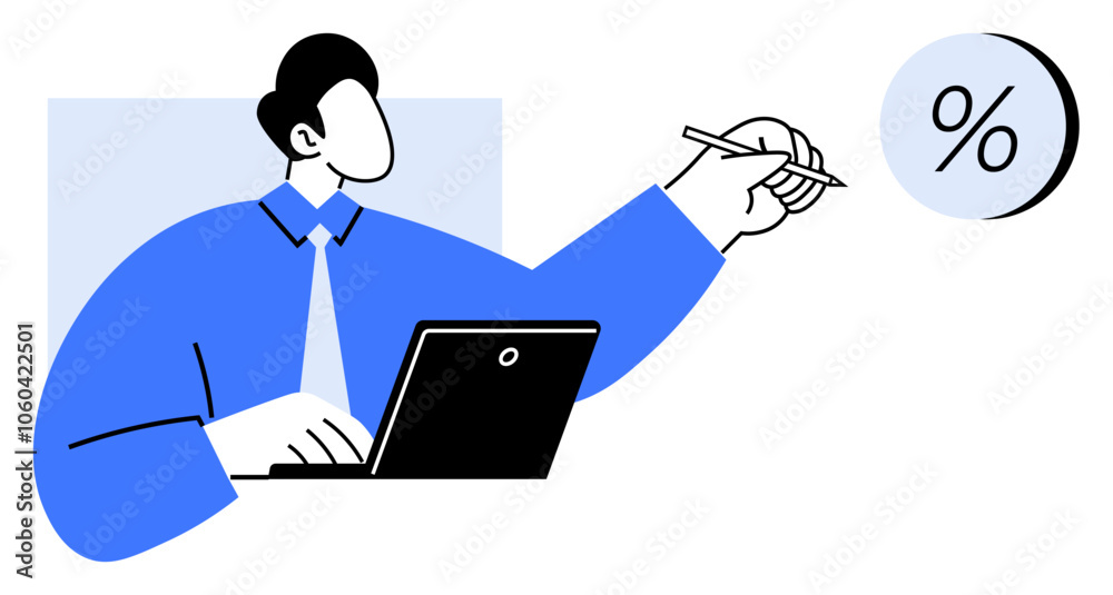Business professional working on a laptop and holding a pen, indicating a percentage symbol. Ideal for finance, investment, statistics, accounting, sales analysis, business strategy, and economic Business professional working on a laptop and holding a pen, indicating a percentage symbol. Ideal for finance, investment, statistics, accounting, sales analysis, business strategy, and economic