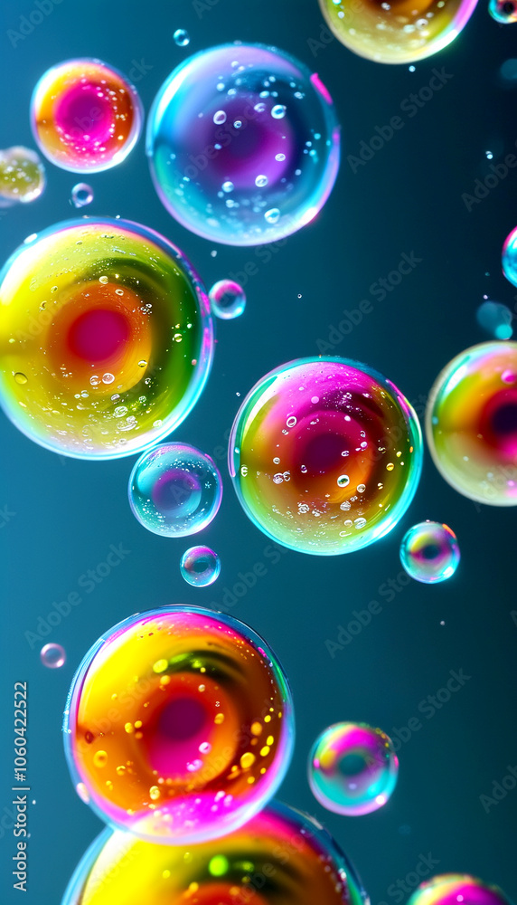 Colorful bubbles floating gracefully against a dark backdrop in a whimsical display Colorful bubbles floating gracefully against a dark backdrop in a whimsical display
