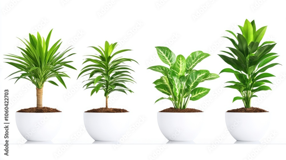 Five vibrant houseplants in various sizes thrive on a white shelf, enhancing a minimalist décor with fresh greenery in high definition Five vibrant houseplants in various sizes thrive on a white shelf, enhancing a minimalist décor with fresh greenery in high definition