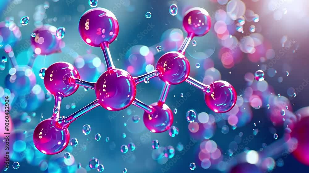 3d Molecular composition and structure of water with pink and violet chemical elements on a blue background.
