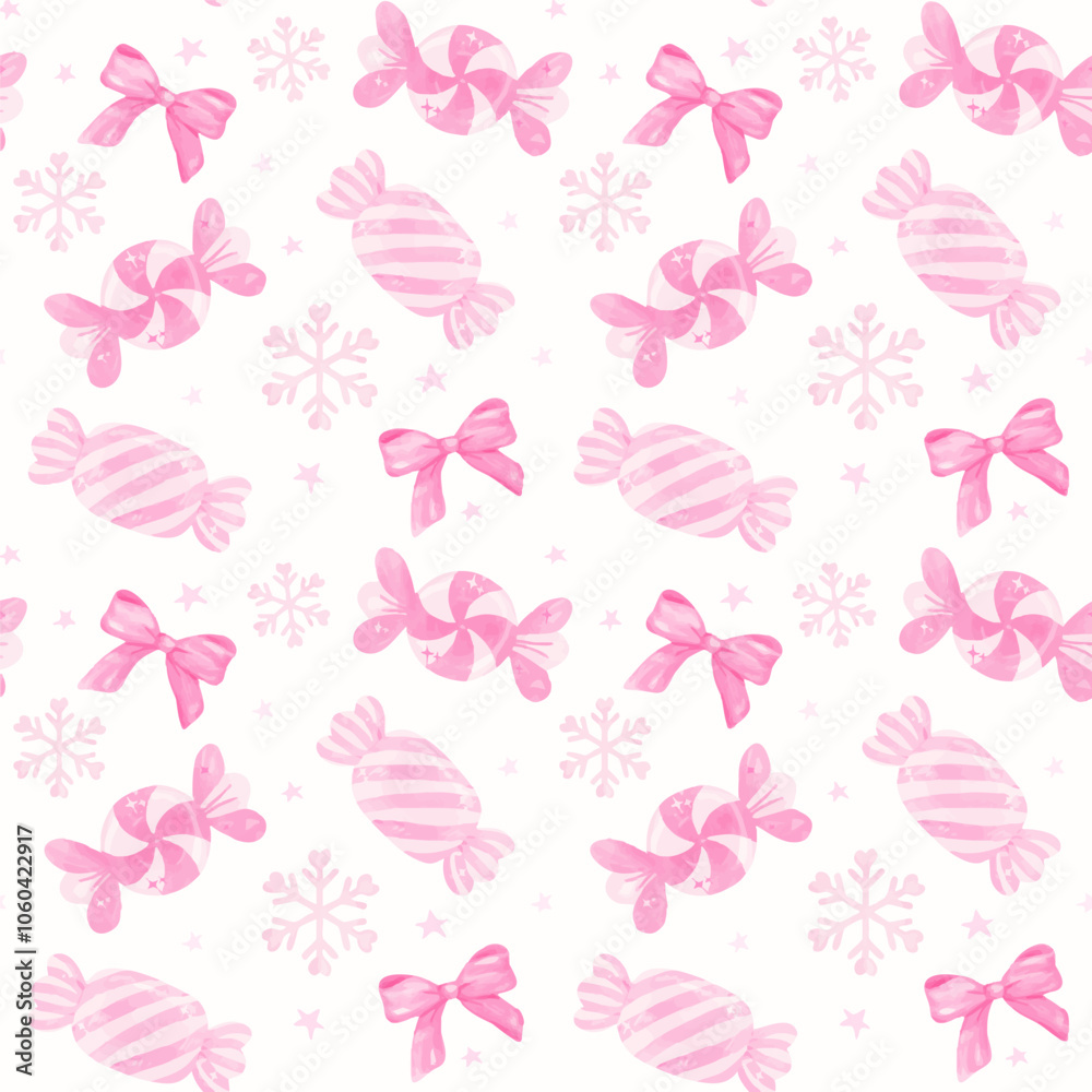 Coquette Christmas pink seamless Pattern candy and snow watercolor isolated on background.
