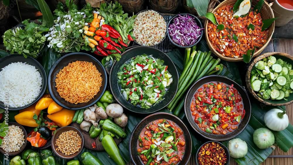A colorful array of dishes sits on banana leaves, ready for a delicious meal A colorful array of dishes sits on banana leaves, ready for a delicious meal