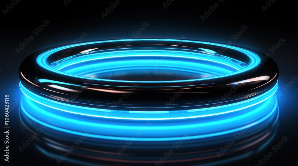 A glowing blue circular ring with a reflective surface, suggesting a futuristic design. A glowing blue circular ring with a reflective surface, suggesting a futuristic design.
