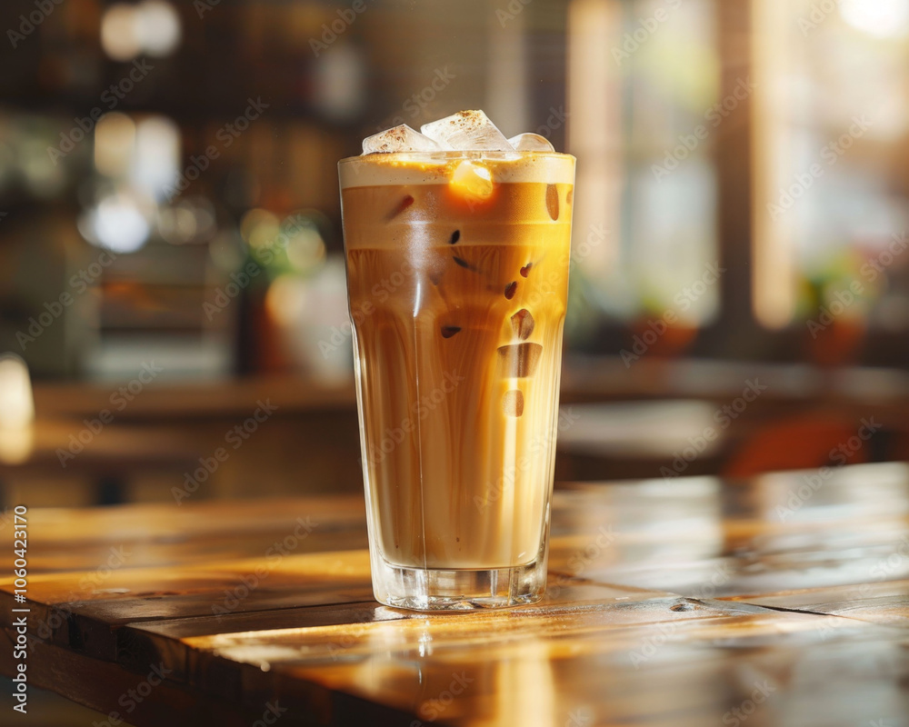 refreshing homemade iced coffee served in tall glass, filled with ice cubes and creamy layers, perfect for warm day. sunlight enhances its inviting appearance refreshing homemade iced coffee served in tall glass, filled with ice cubes and creamy layers, perfect for warm day. sunlight enhances its inviting appearance