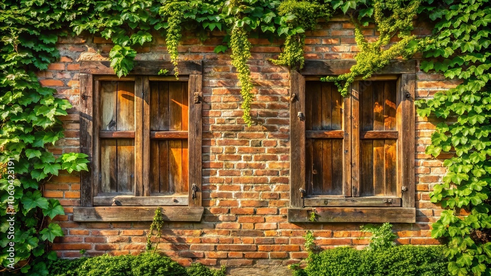A Brick Wall, Adorned with Two Weathered Wooden Windows, Offers a Glimpse into the Past, Framed by Lush Green Ivy Climbing Upwards. A Brick Wall, Adorned with Two Weathered Wooden Windows, Offers a Glimpse into the Past, Framed by Lush Green Ivy Climbing Upwards.