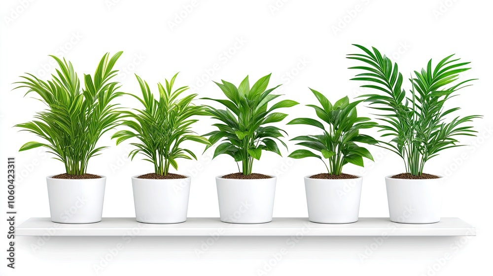 A vibrant display of five lush houseplants in white pots lined up on a minimalist shelf against a bright white backdrop A vibrant display of five lush houseplants in white pots lined up on a minimalist shelf against a bright white backdrop