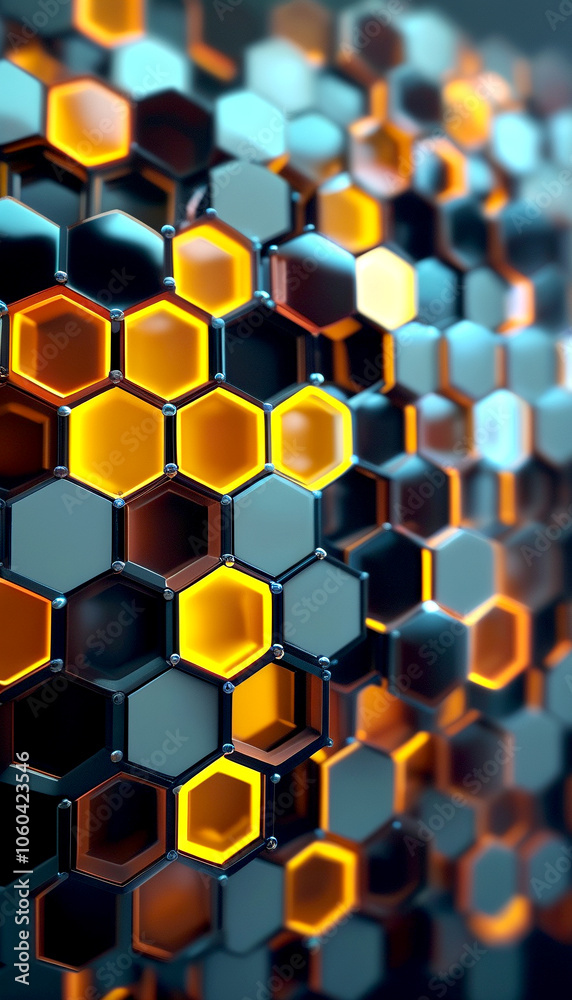Intricate honeycomb patterns glowing with warm orange tones in an abstract composition Intricate honeycomb patterns glowing with warm orange tones in an abstract composition