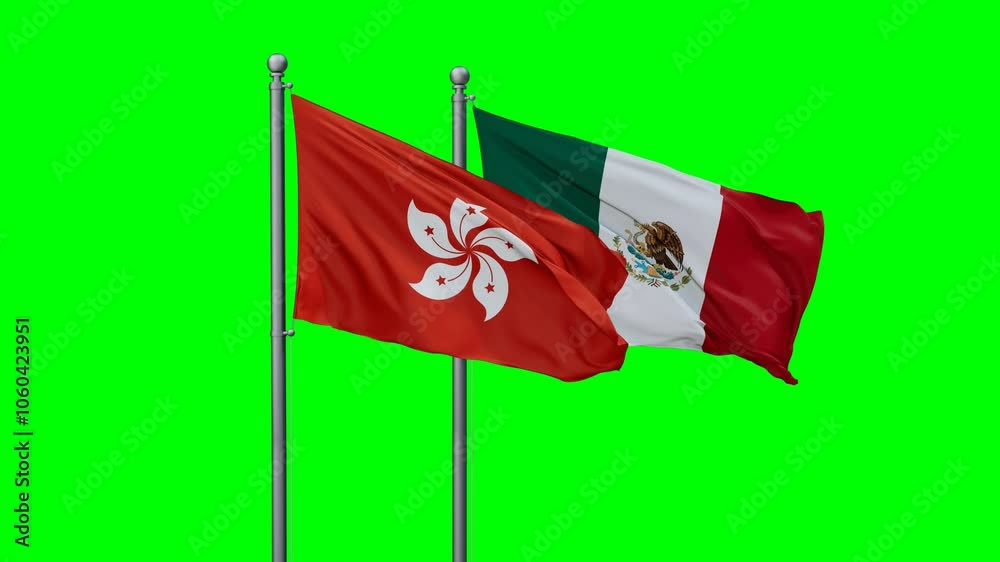 Mexico and Hong Kong flags flying together, video concept of the relationship with colored chroma key for easy background remove