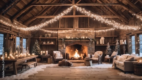 A rustic barn transformed into a winter wonderland, with strings of lights hanging from the rafters and a crackling bonfire to keep you warm.