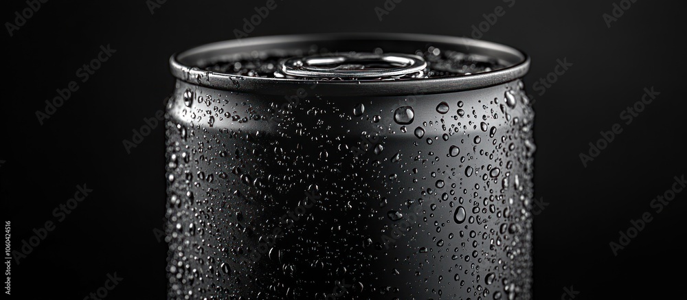Close-up of a condensation-covered black beverage can against a dark background. Close-up of a condensation-covered black beverage can against a dark background.