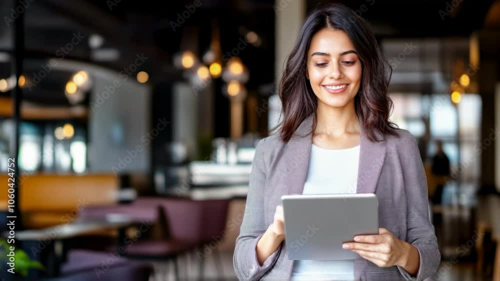 Confident cafe owner working on digital tablet Confident cafe owner working on digital tablet