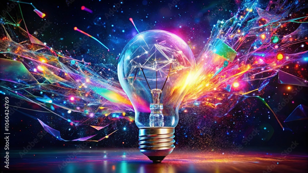 A radiant light bulb explodes with a kaleidoscope of shimmering colors, representing the birth of a brilliant idea. A radiant light bulb explodes with a kaleidoscope of shimmering colors, representing the birth of a brilliant idea.