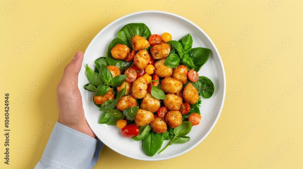 A vibrant plate of crispy, golden-brown food served on a bed of fresh greens, held against a cheerful yellow backdrop. A vibrant plate of crispy, golden-brown food served on a bed of fresh greens, held against a cheerful yellow backdrop.