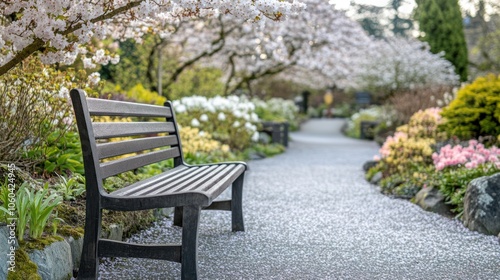 A serene garden path lined with blooming flowers and a wooden bench for relaxation.