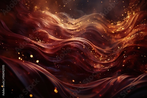 Abstract waves of warm colors with shimmering particles, evoking a sense of movement.