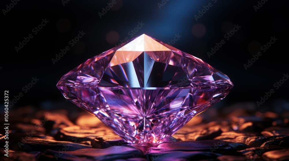A beautifully cut purple diamond glimmers against a dark background, showcasing its facets. A beautifully cut purple diamond glimmers against a dark background, showcasing its facets.