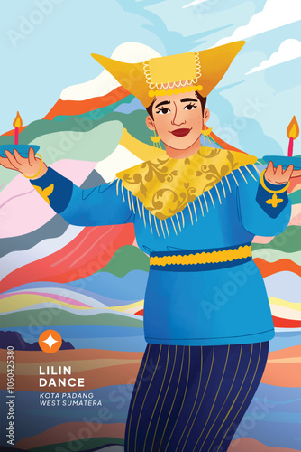 Beautiful West Sumatera dancer illustration detailed cell shaded style