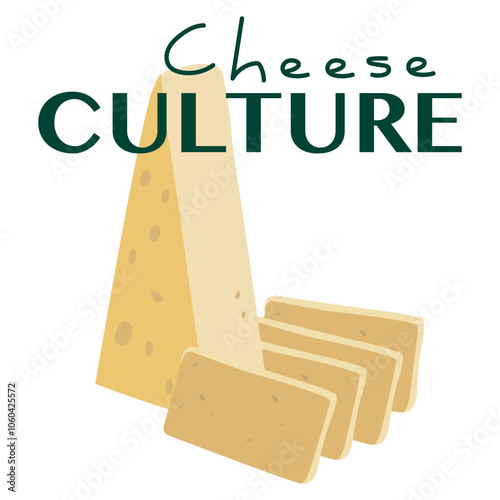 Cheese culture vintage poster for cheese shop. Curd product for design, recipe book, advertising or poster for kitchen. Slices of different types of cheese. Brie cheese, dorblu, cheddar and parmesan