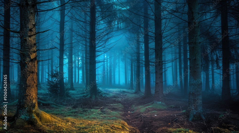Obraz premium Forest with eerie fog during the night