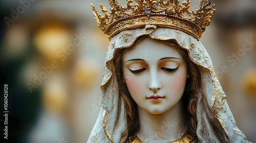 Statue of Virgin Mary with Gold Crown Close Up