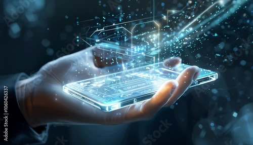 Futuristic smartphone held in a hand, surrounded by swirling data and glowing particles, symbolizing innovation and connectivity in technology.