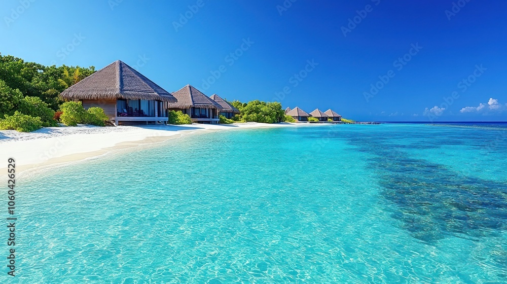 Tropical beach bungalows on a pristine white sand beach with crystal clear turquoise waters. Tropical beach bungalows on a pristine white sand beach with crystal clear turquoise waters.