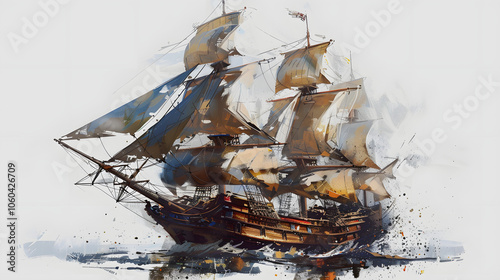 ship watercraft sailboat painting highlighted by white, detailed, png