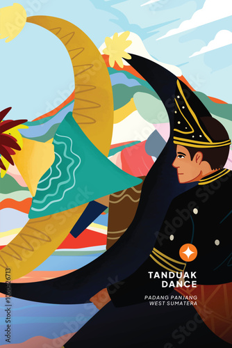 Indonesian West Sumatera Dancer illustration with colorful background design idea photo