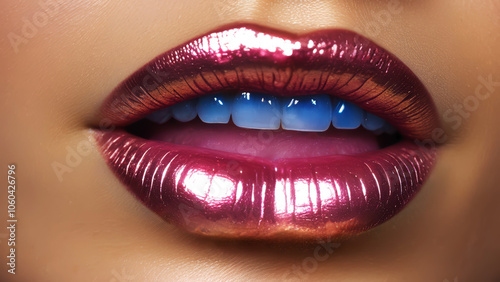 Lips of a woman with shiny red lipstick and beautiful teeth