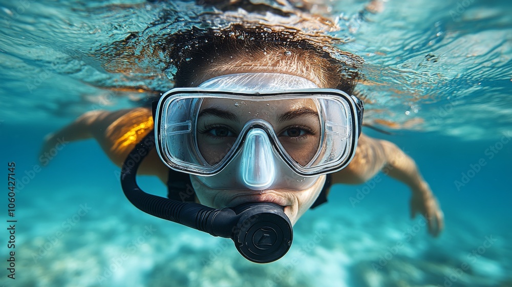 Naklejka premium Underwater View of a Woman Snorkeling