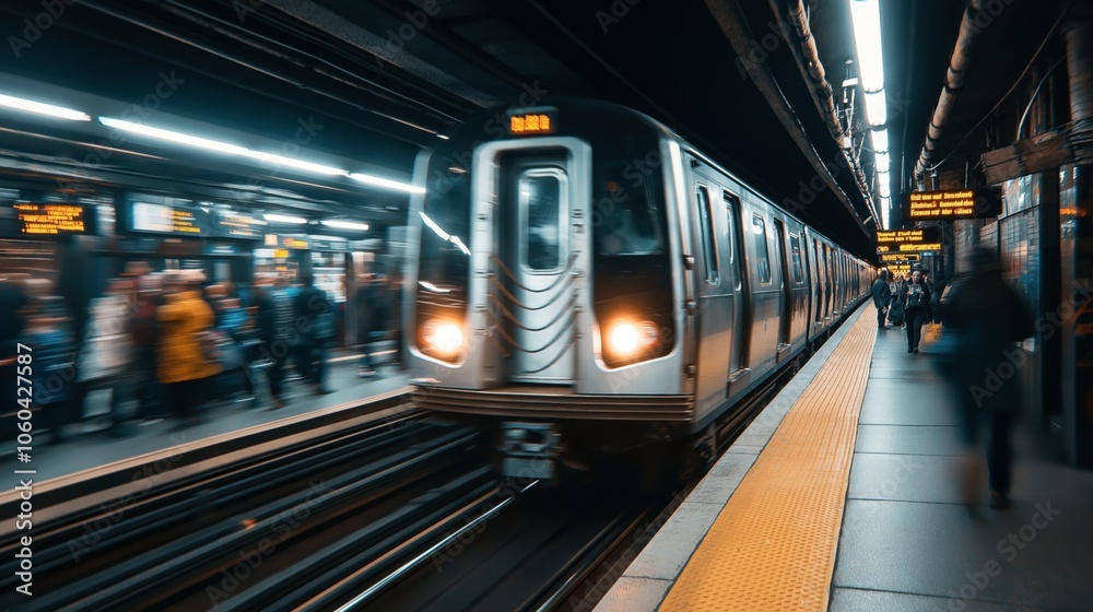 Naklejka premium Subway train arriving at an underground station platform with blurred motion, people waiting, and illuminated signs